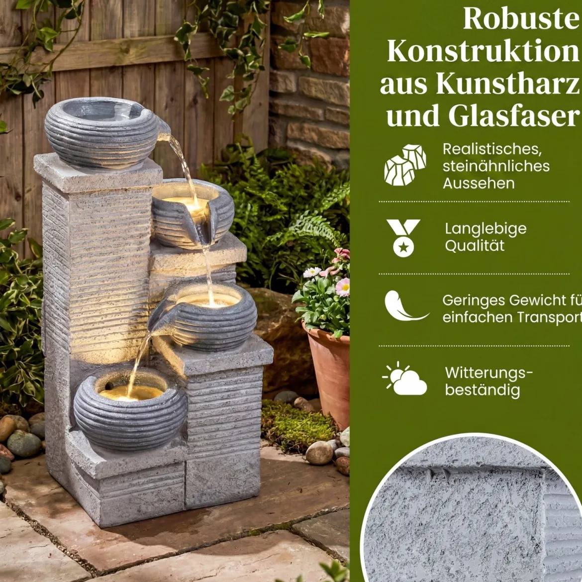 Gartenbrunnen mit LED-Licht Zimmerbrunnen aus Kunstharz & Glasfaser Springbrunnen 28 x 22 x 58 cm