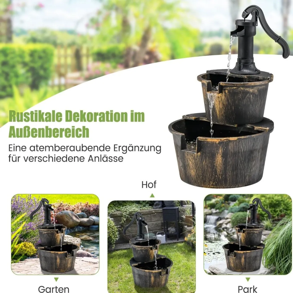 Gartenbrunnen mit Wasserpumpe Rustikaler Kaskadenwasserbrunnen 45,5 x 41 x 68 cm