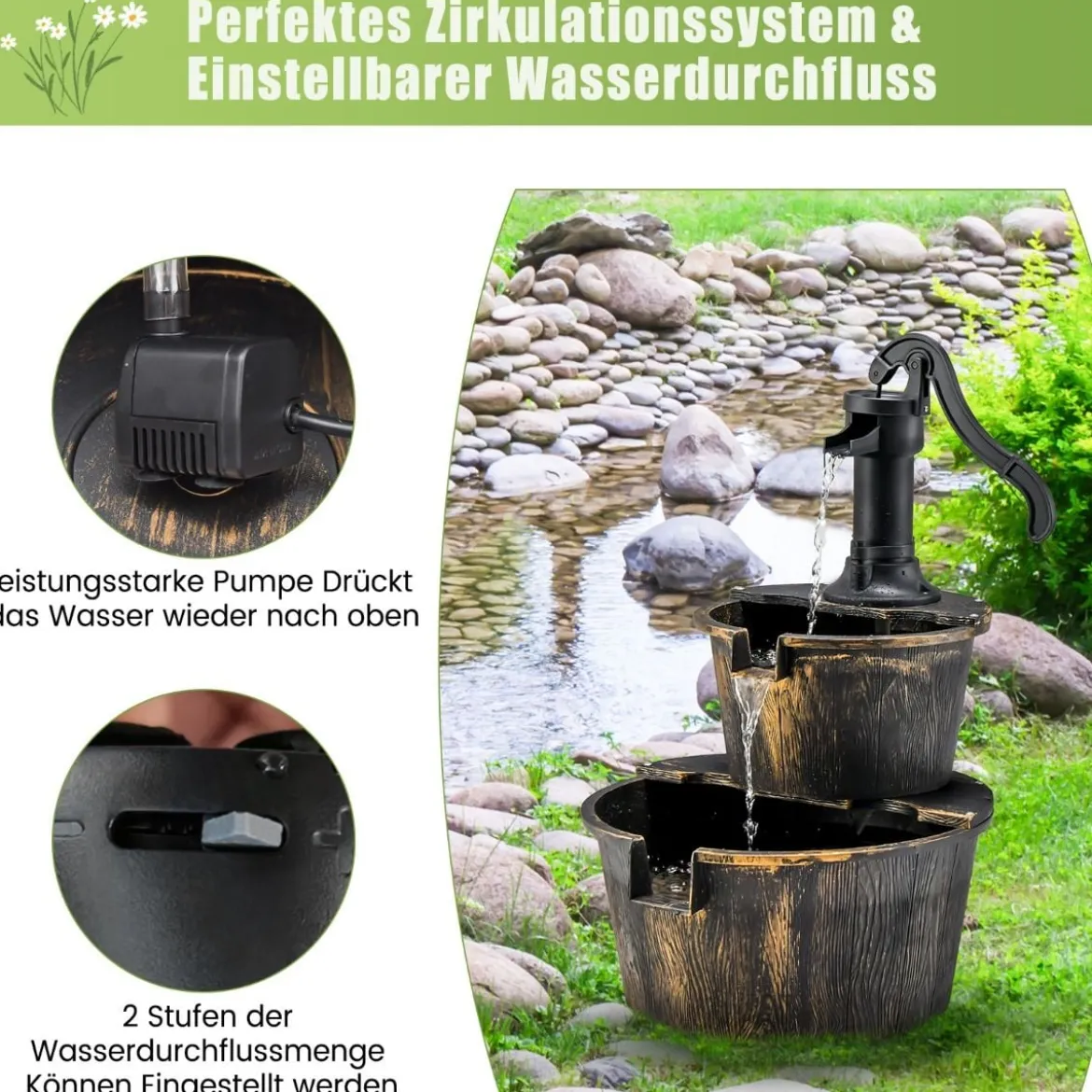 Gartenbrunnen mit Wasserpumpe Rustikaler Kaskadenwasserbrunnen 45,5 x 41 x 68 cm