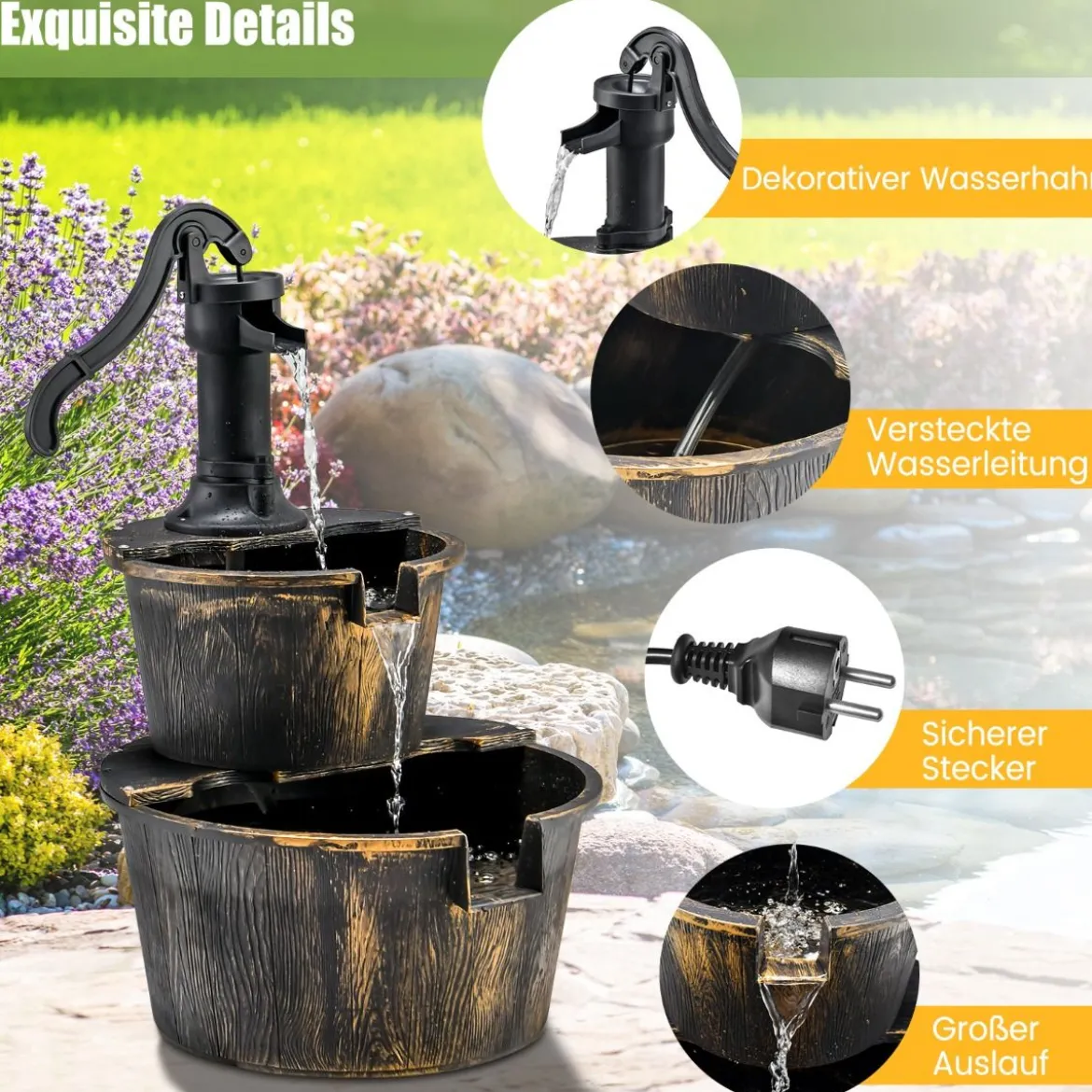 Gartenbrunnen mit Wasserpumpe Rustikaler Kaskadenwasserbrunnen 45,5 x 41 x 68 cm