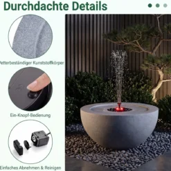 Gartenbrunnen Solarbetriebener Springbrunnen mit LED Beleuchtung und 3 Düsen Terrassenbrunnen
