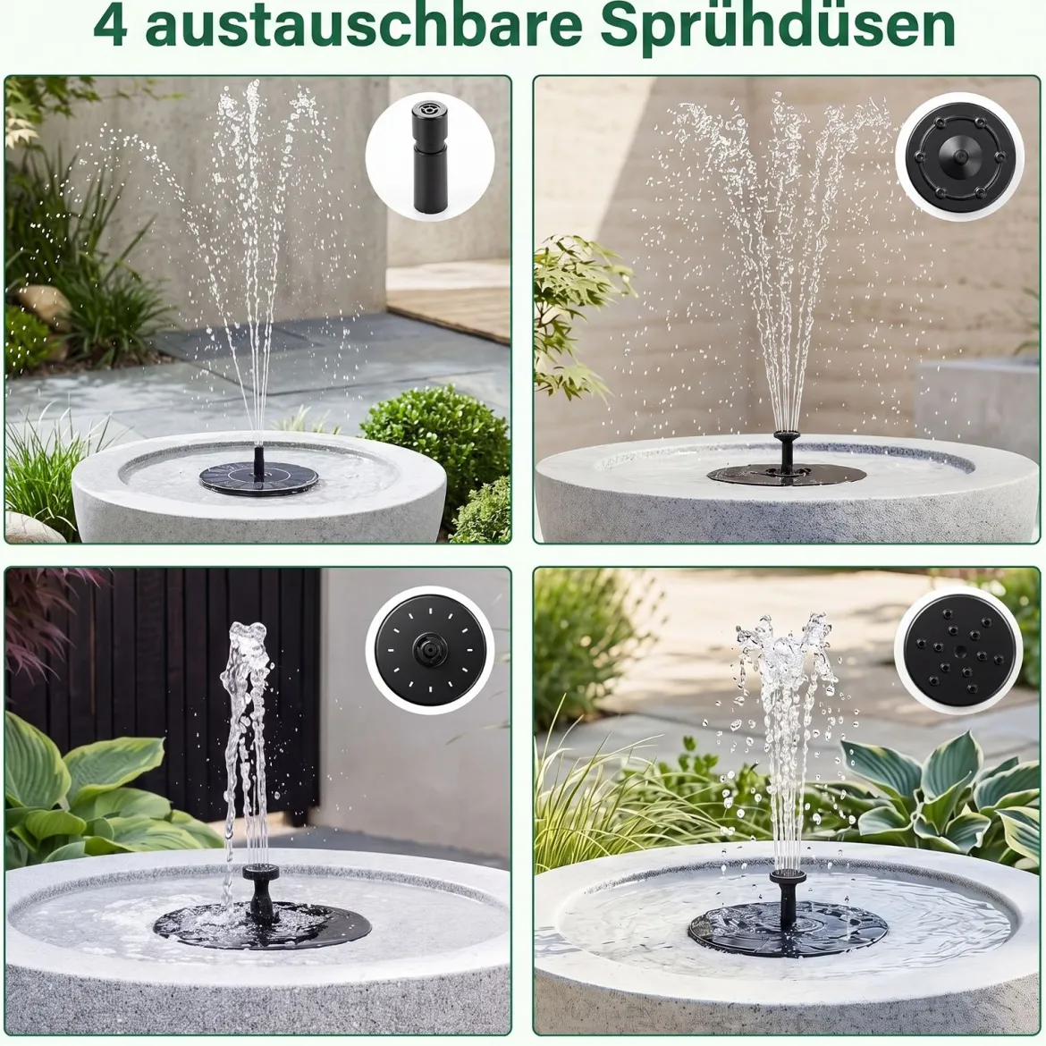 Gartenbrunnen Solarbetriebener Springbrunnen mit LED Beleuchtung und 3 Düsen Terrassenbrunnen