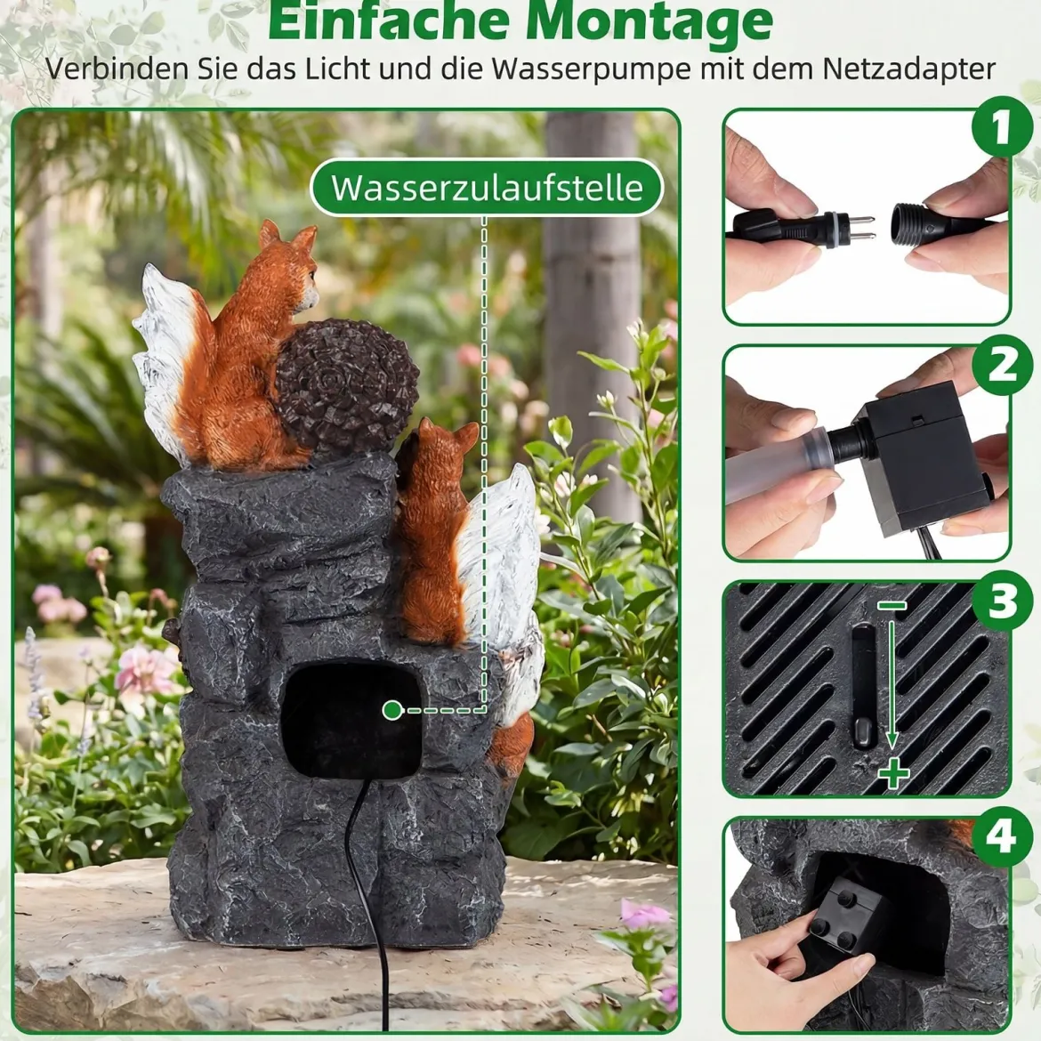 Gartenbrunnen 4-Stufiger Springbrunnen mit LED Beleuchtung und Steinoptik-Finish Terrassenbrunnen