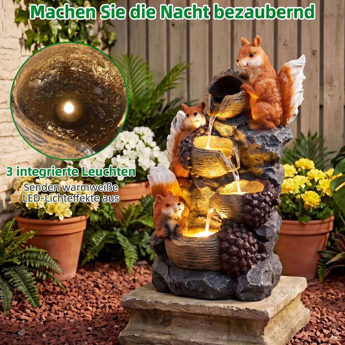 Gartenbrunnen 4-Stufiger Springbrunnen mit LED Beleuchtung und Steinoptik-Finish Terrassenbrunnen