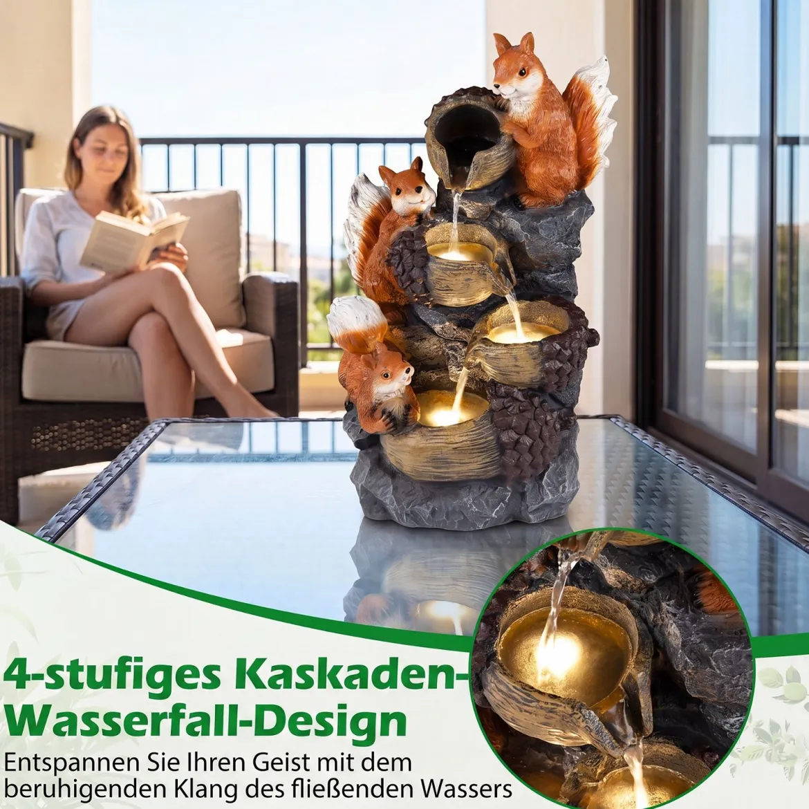 Gartenbrunnen 4-Stufiger Springbrunnen mit LED Beleuchtung und Steinoptik-Finish Terrassenbrunnen