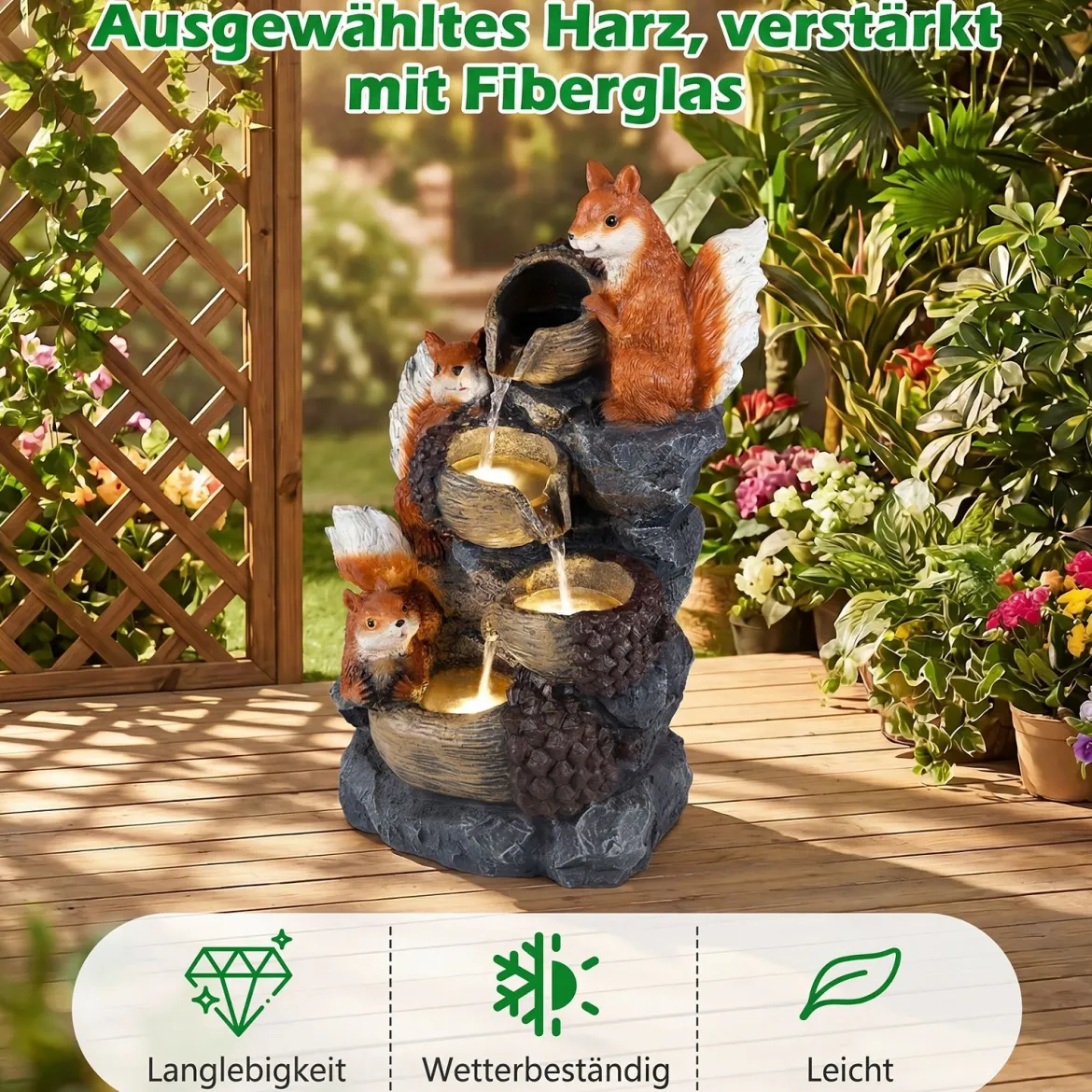 Gartenbrunnen 4-Stufiger Springbrunnen mit LED Beleuchtung und Steinoptik-Finish Terrassenbrunnen