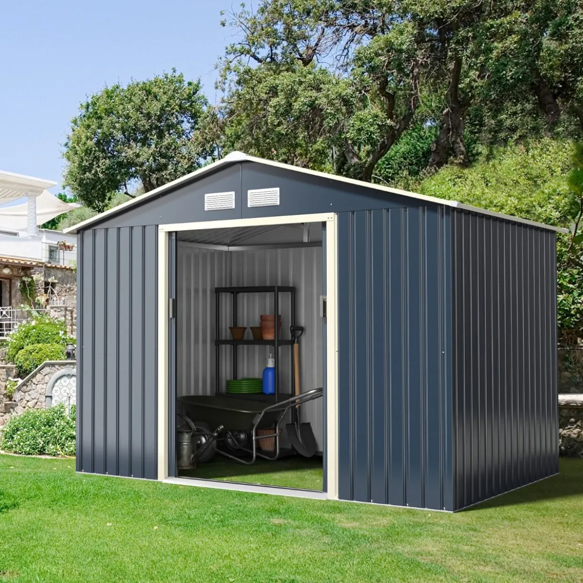 Gartenhaus aus Stahl Multifunktionaler Schuppen 277 x 202 x 191 cm Grau