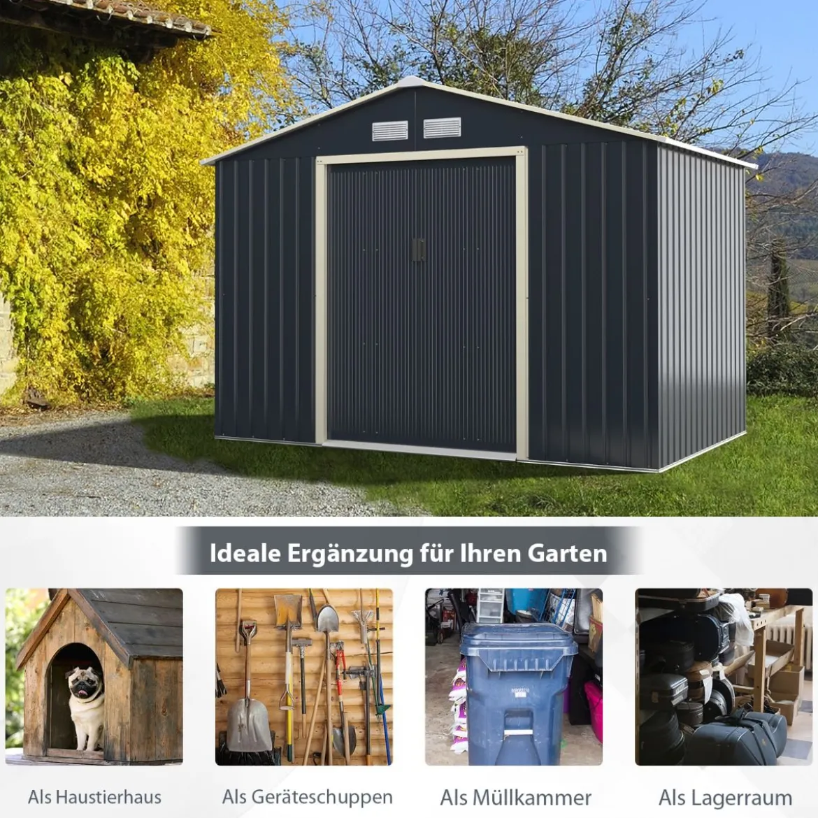 Gartenhaus aus Stahl Multifunktionaler Schuppen 277 x 202 x 191 cm Grau