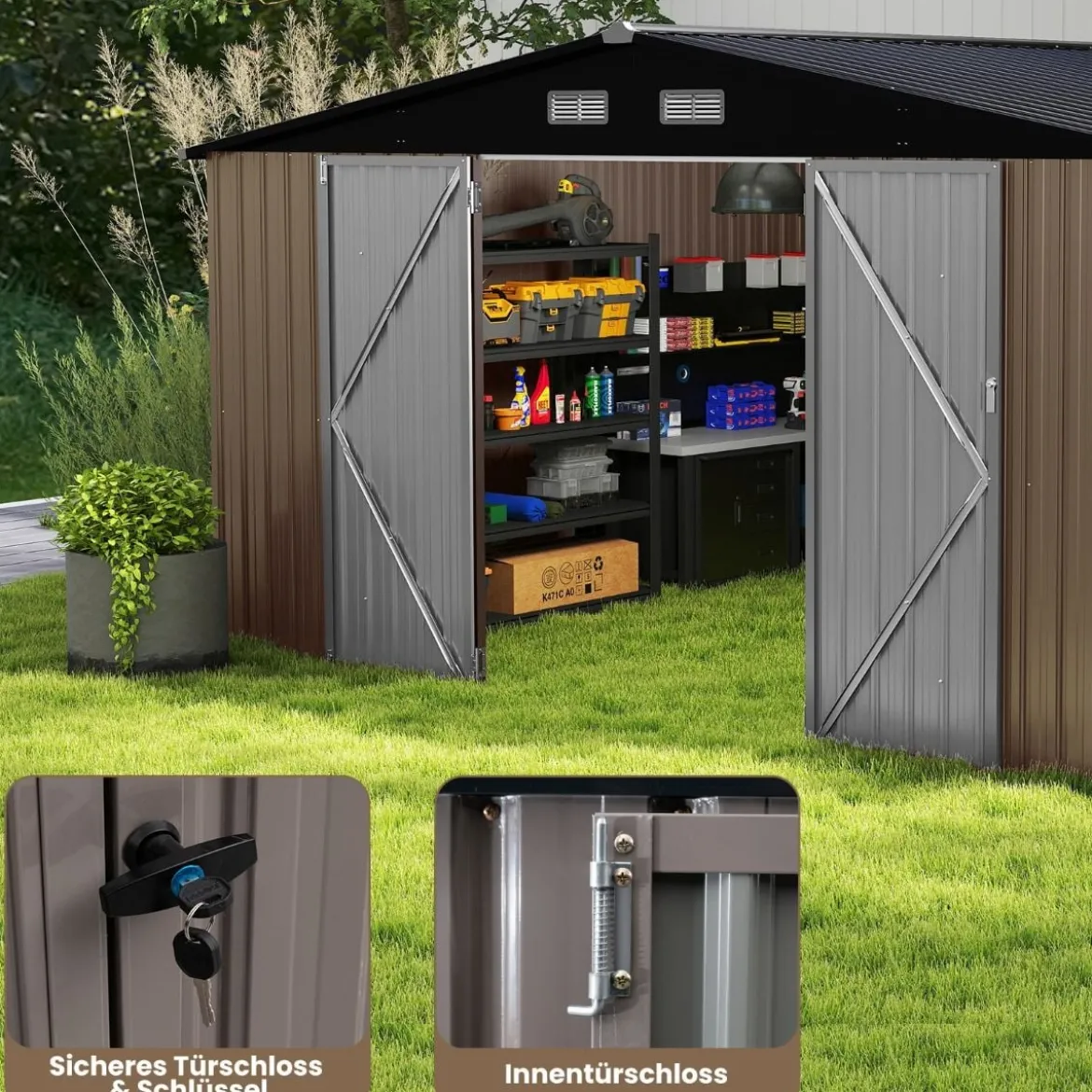 Gartenhaus Metall 350 x 350 x 198 cm Gerätehaus mit Schrägdach & 4 Belüftungsöffnungen Grau