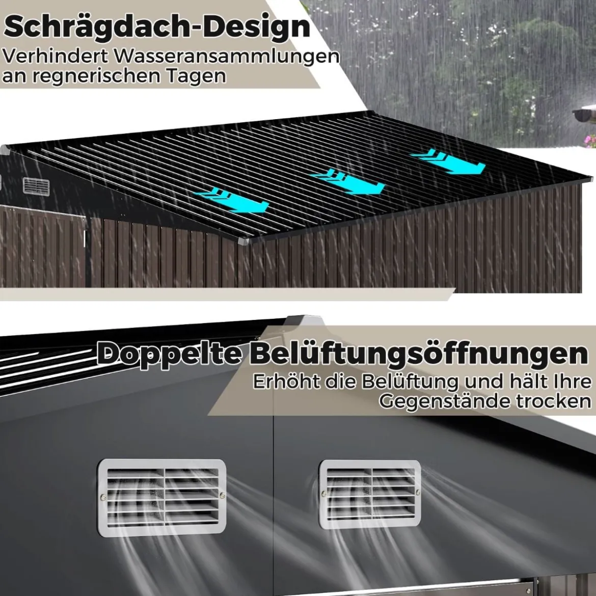 Gartenhaus Metall 350 x 350 x 198 cm Gerätehaus mit Schrägdach & 4 Belüftungsöffnungen Grau