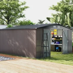 Gartenhaus Metall 350 x 350 x 198 cm Gerätehaus mit Schrägdach & 4 Belüftungsöffnungen Grau