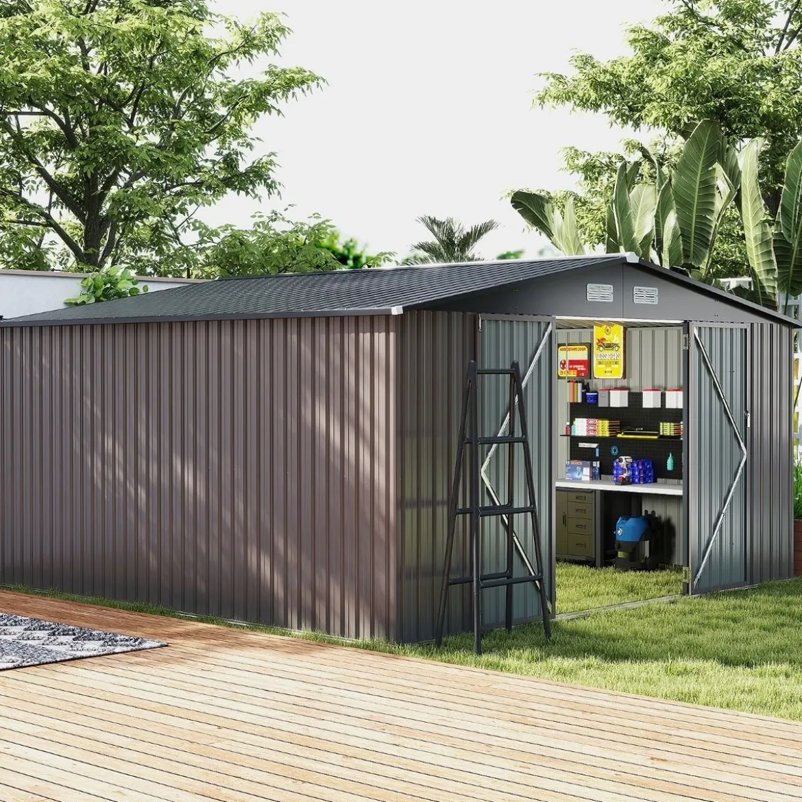 Gartenhaus Metall 350 x 350 x 198 cm Gerätehaus mit Schrägdach & 4 Belüftungsöffnungen Grau