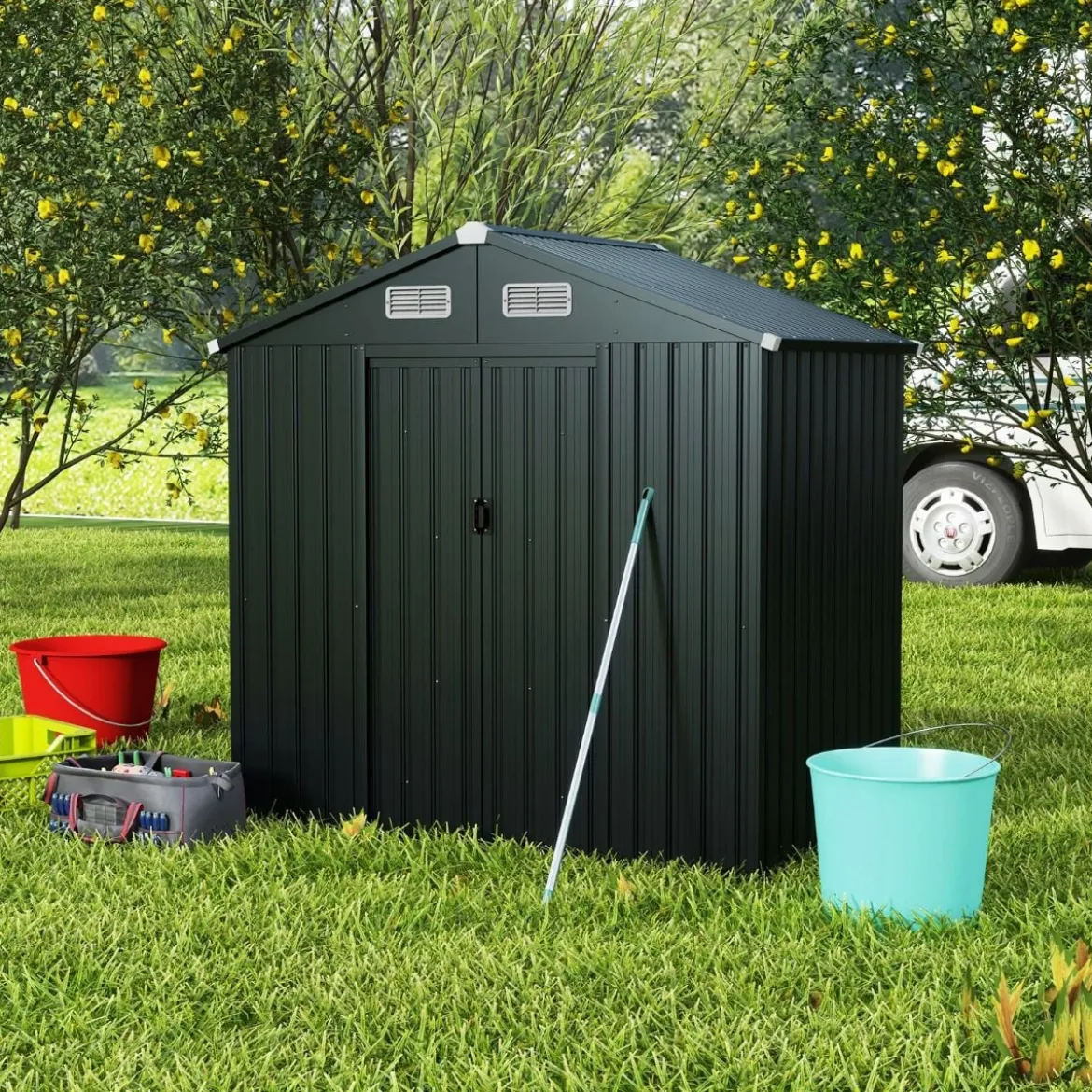 Gartenhaus Metall 182 x 129 x 197 cm | 3,25 m³ Gerätehaus mit Schrägdach Dunkelgrau