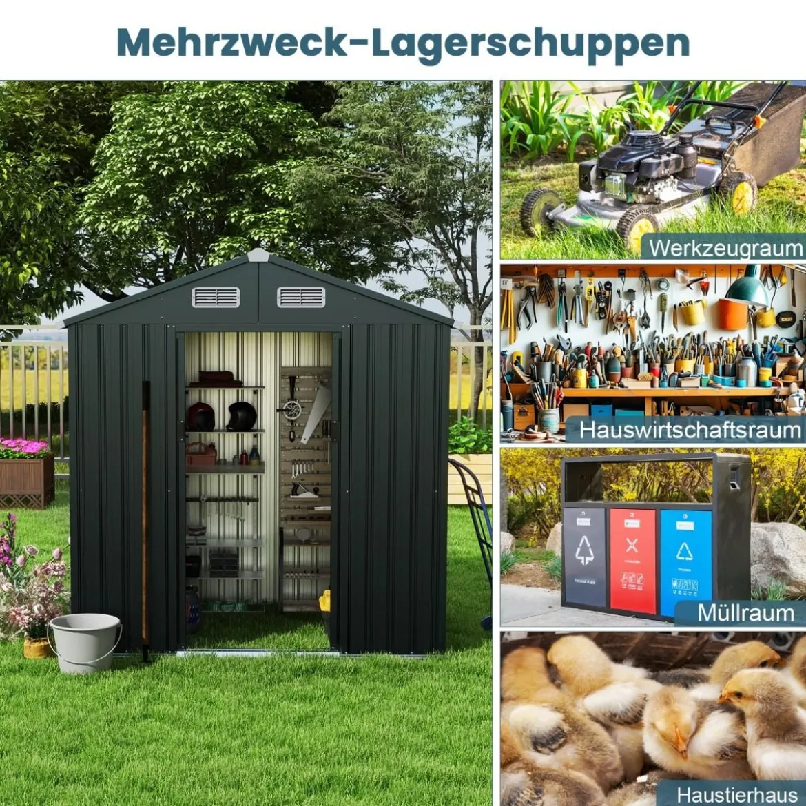 Gartenhaus Metall 182 x 129 x 197 cm | 3,25 m³ Gerätehaus mit Schrägdach Dunkelgrau