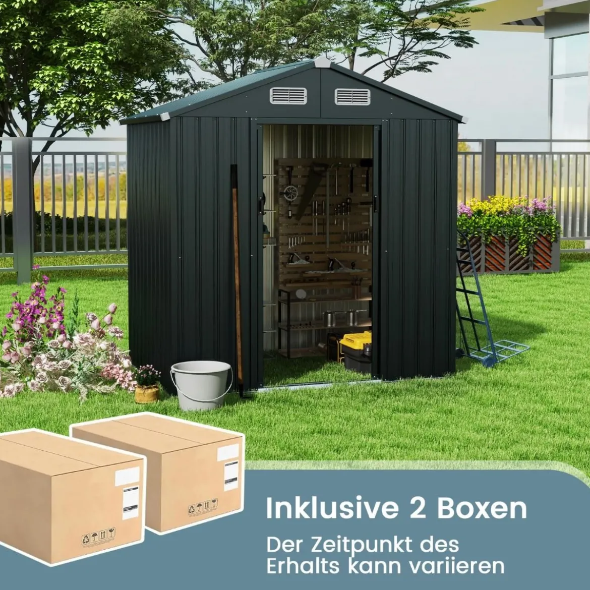 Gartenhaus Metall 182 x 129 x 197 cm | 3,25 m³ Gerätehaus mit Schrägdach Dunkelgrau