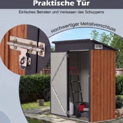 Gartenhaus Metall 150 x 90,5 x 185 cm 1,5 m³ Gerätehaus mit Pultdach Braun/Grün/Hellgrau/Dunkelgrau