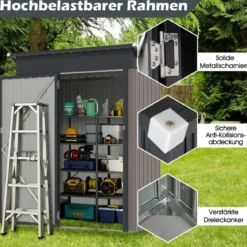 Gartenhaus Metall 150 x 90,5 x 185 cm 1,5 m³ Gerätehaus mit Pultdach Braun/Grün/Hellgrau/Dunkelgrau