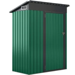 Gartenhaus Metall 150 x 90,5 x 185 cm 1,5 m³ Gerätehaus mit Pultdach Braun/Grün/Hellgrau/Dunkelgrau