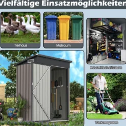 Gartenhaus Metall 150 x 90,5 x 185 cm 1,5 m³ Gerätehaus mit Pultdach Braun/Grün/Hellgrau/Dunkelgrau