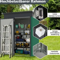 Gartenhaus Metall 150 x 90,5 x 185 cm 1,5 m³ Gerätehaus mit Pultdach Braun/Grün/Hellgrau/Dunkelgrau