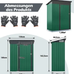 Gartenhaus Metall 150 x 90,5 x 185 cm 1,5 m³ Gerätehaus mit Pultdach Braun/Grün/Hellgrau/Dunkelgrau