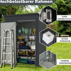 Gartenhaus Metall 150 x 90,5 x 185 cm 1,5 m³ Gerätehaus mit Pultdach Braun/Grün/Hellgrau/Dunkelgrau