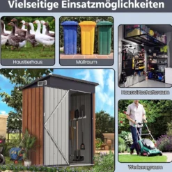 Gartenhaus Metall 150 x 90,5 x 185 cm 1,5 m³ Gerätehaus mit Pultdach Braun/Grün/Hellgrau/Dunkelgrau
