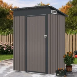 Gartenhaus Metall 150 x 90,5 x 185 cm 1,5 m³ Gerätehaus mit Pultdach Braun/Grün/Hellgrau/Dunkelgrau