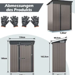 Gartenhaus Metall 150 x 90,5 x 185 cm 1,5 m³ Gerätehaus mit Pultdach Braun/Grün/Hellgrau/Dunkelgrau