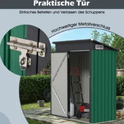 Gartenhaus Metall 150 x 90,5 x 185 cm 1,5 m³ Gerätehaus mit Pultdach Braun/Grün/Hellgrau/Dunkelgrau