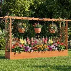 Gartenhochbeet mit Rankgitter freistehender Pflanzkasten aus Fichtenholz mit Hängedach Orange 220 x 35 x 114 cm