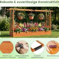 Gartenhochbeet mit Rankgitter freistehender Pflanzkasten aus Fichtenholz mit Hängedach Orange 220 x 35 x 114 cm