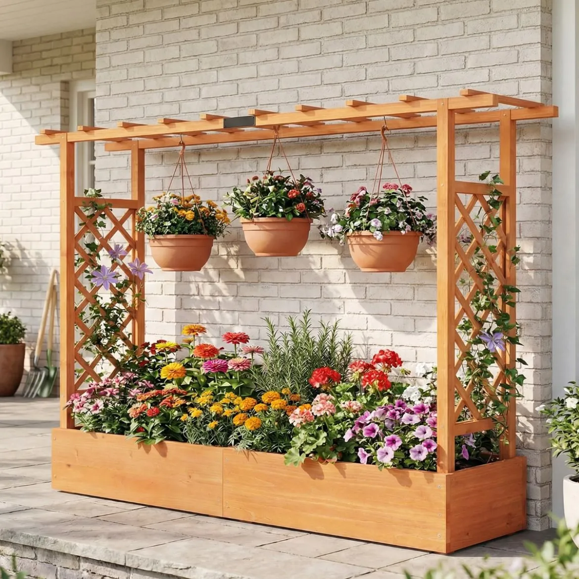 Gartenhochbeet mit Rankgitter freistehender Pflanzkasten aus Fichtenholz mit Hängedach Orange 220 x 35 x 114 cm