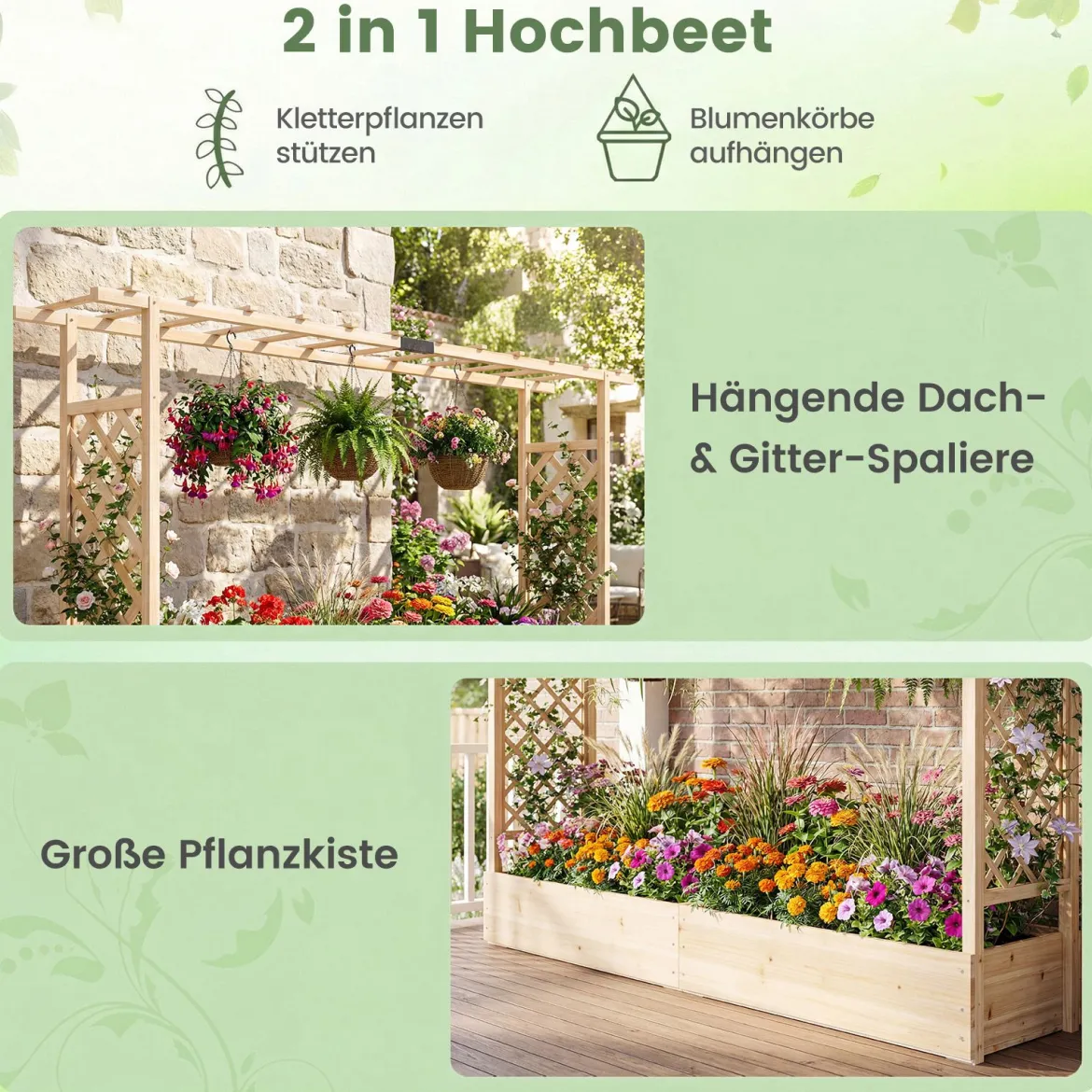 Gartenhochbeet mit Rankgitter freistehender Pflanzkasten aus Fichtenholz mit Hängedach Natur 220 x 35 x 114 cm