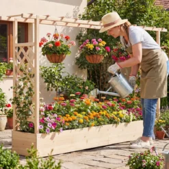 Gartenhochbeet mit Rankgitter freistehender Pflanzkasten aus Fichtenholz mit Hängedach Natur 220 x 35 x 114 cm