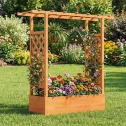 Gartenhochbeet mit Rankgitter freistehender Pflanzkasten aus Fichtenholz mit Hängedach Orange