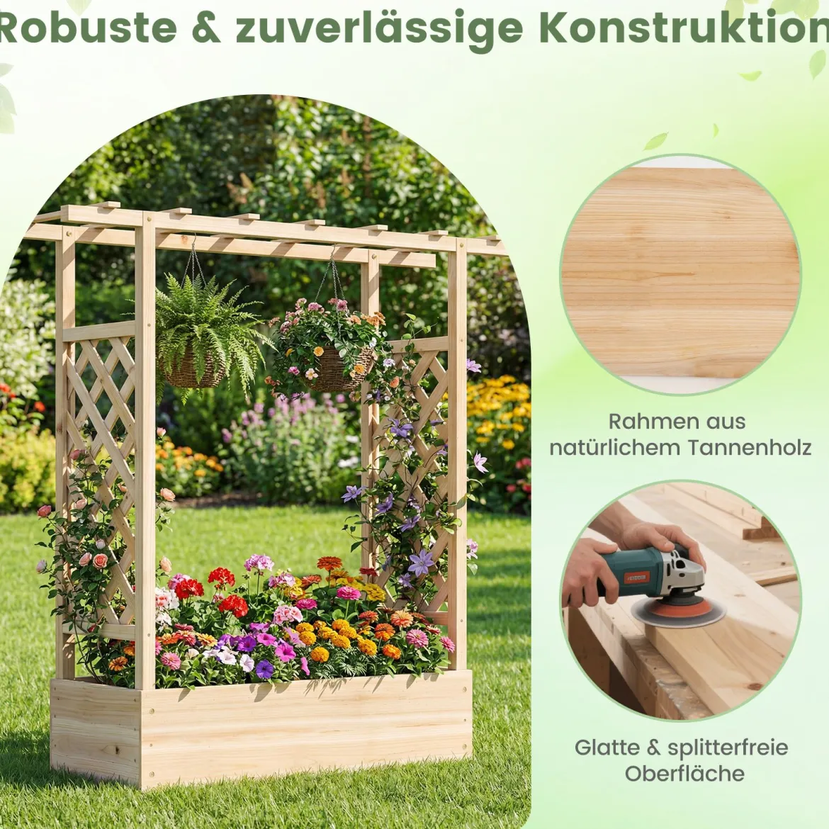 Gartenhochbeet mit Rankgitter freistehender Pflanzkasten aus Fichtenholz mit Hängedach Natur