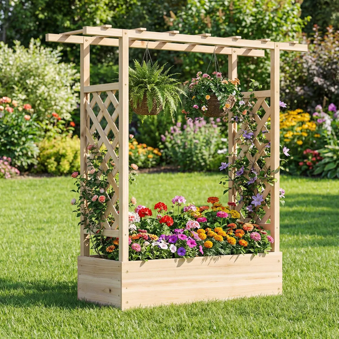 Gartenhochbeet mit Rankgitter freistehender Pflanzkasten aus Fichtenholz mit Hängedach Natur