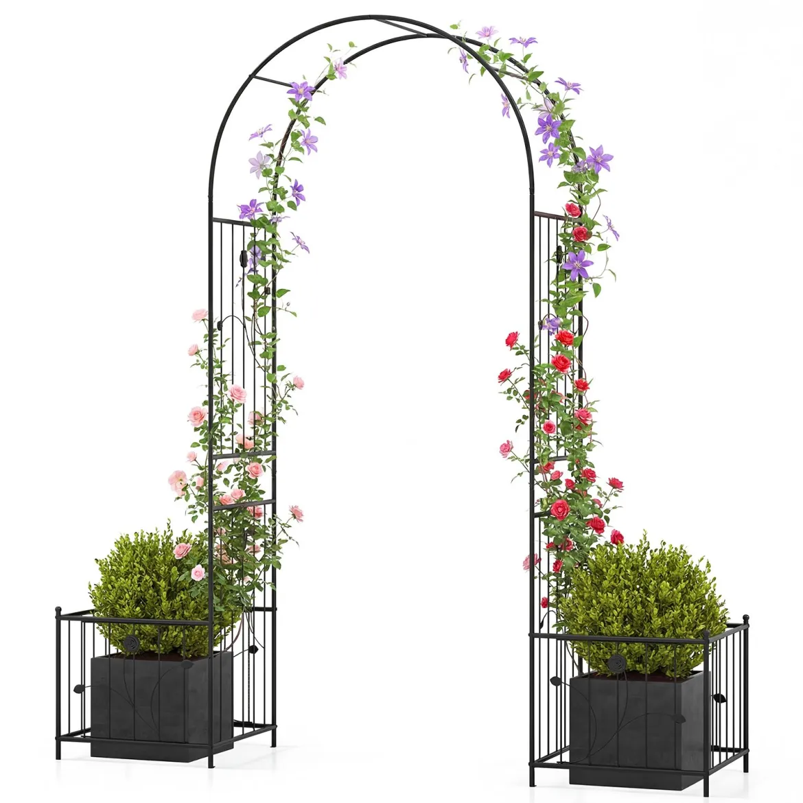 Gartenlauben mit 2 Pflanzkästen Bogen-Spalier mit Erdspießen für Kletterpflanzen Rosen Schwarz
