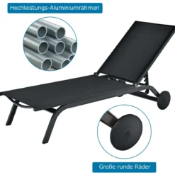 Gartenliege Liegestuhl Aluminium-Chaiselongue Patio Liegestuhl mit verstellbarer Rückenlehne Schwarz