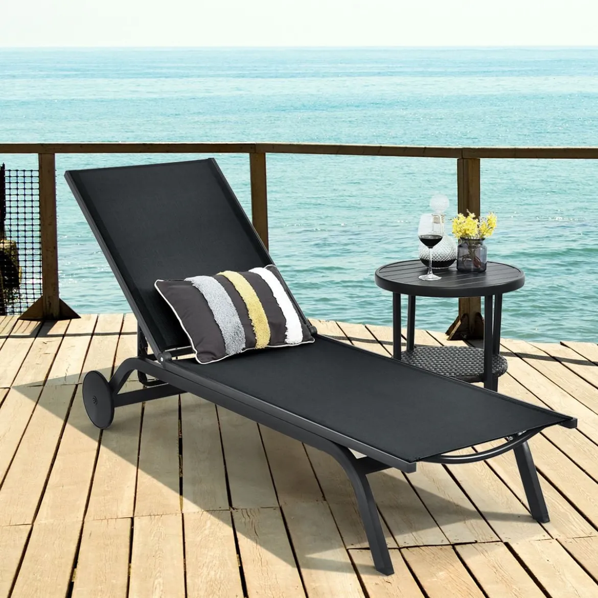Gartenliege Liegestuhl Aluminium-Chaiselongue Patio Liegestuhl mit verstellbarer Rückenlehne Schwarz