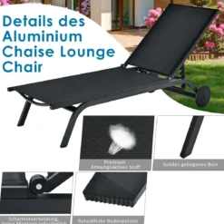Gartenliege Liegestuhl Aluminium-Chaiselongue Patio Liegestuhl mit verstellbarer Rückenlehne Schwarz