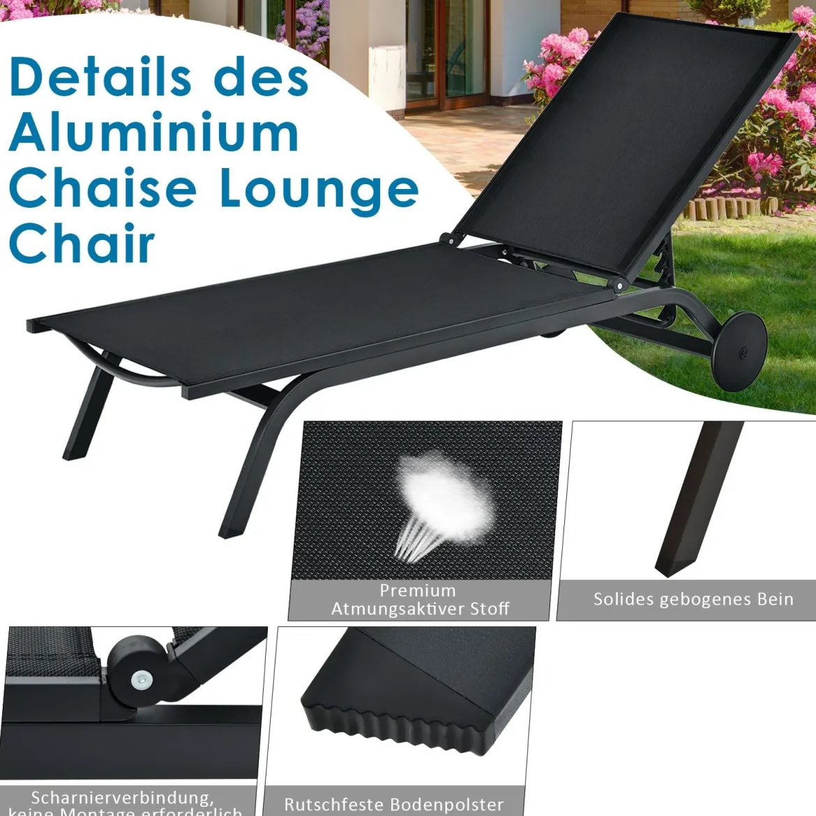 Gartenliege Liegestuhl Aluminium-Chaiselongue Patio Liegestuhl mit verstellbarer Rückenlehne Schwarz