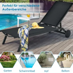 Gartenliege Liegestuhl Aluminium-Chaiselongue Patio Liegestuhl mit verstellbarer Rückenlehne Schwarz