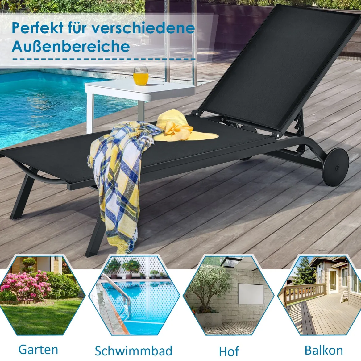 Gartenliege Liegestuhl Aluminium-Chaiselongue Patio Liegestuhl mit verstellbarer Rückenlehne Schwarz