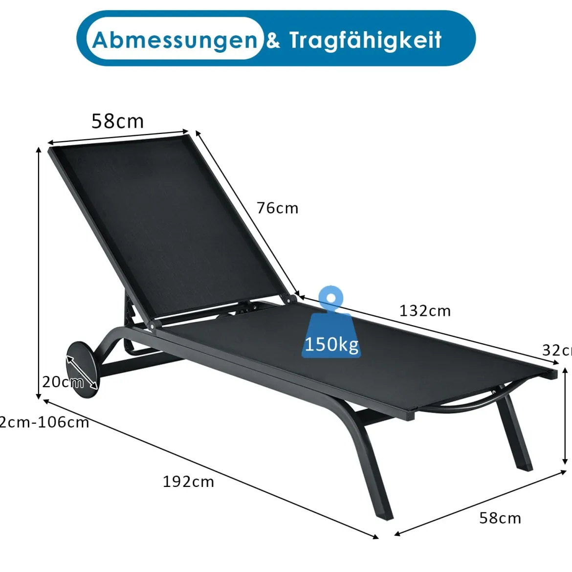 Gartenliege Liegestuhl Aluminium-Chaiselongue Patio Liegestuhl mit verstellbarer Rückenlehne Schwarz