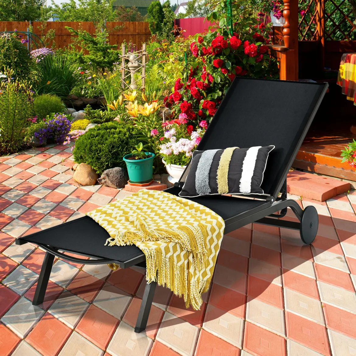 Gartenliege Liegestuhl Aluminium-Chaiselongue Patio Liegestuhl mit verstellbarer Rückenlehne Schwarz
