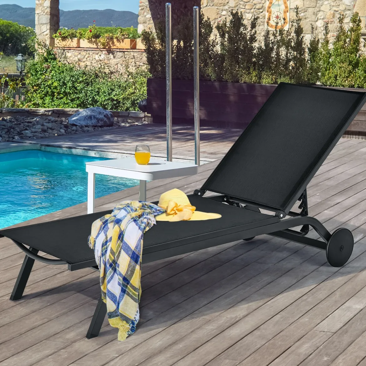 Gartenliege Liegestuhl Aluminium-Chaiselongue Patio Liegestuhl mit verstellbarer Rückenlehne Schwarz