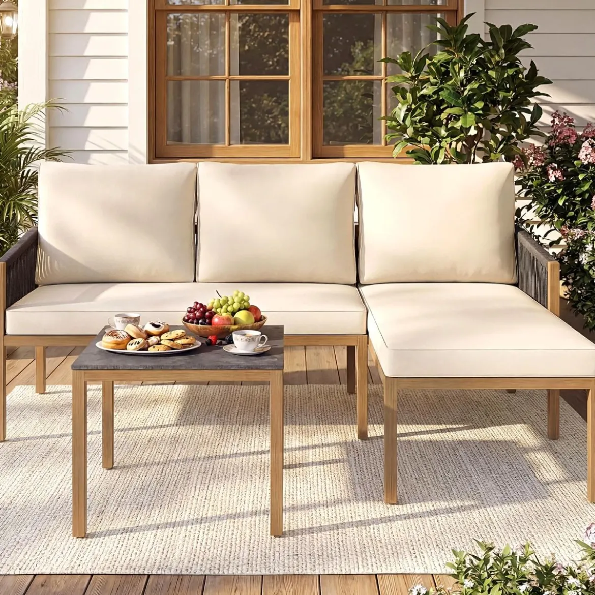 Gartenlounge mit Tisch & Kissen 3-teilige Sitzgruppe Gartenmöbel Sitzgarnitur für Garten