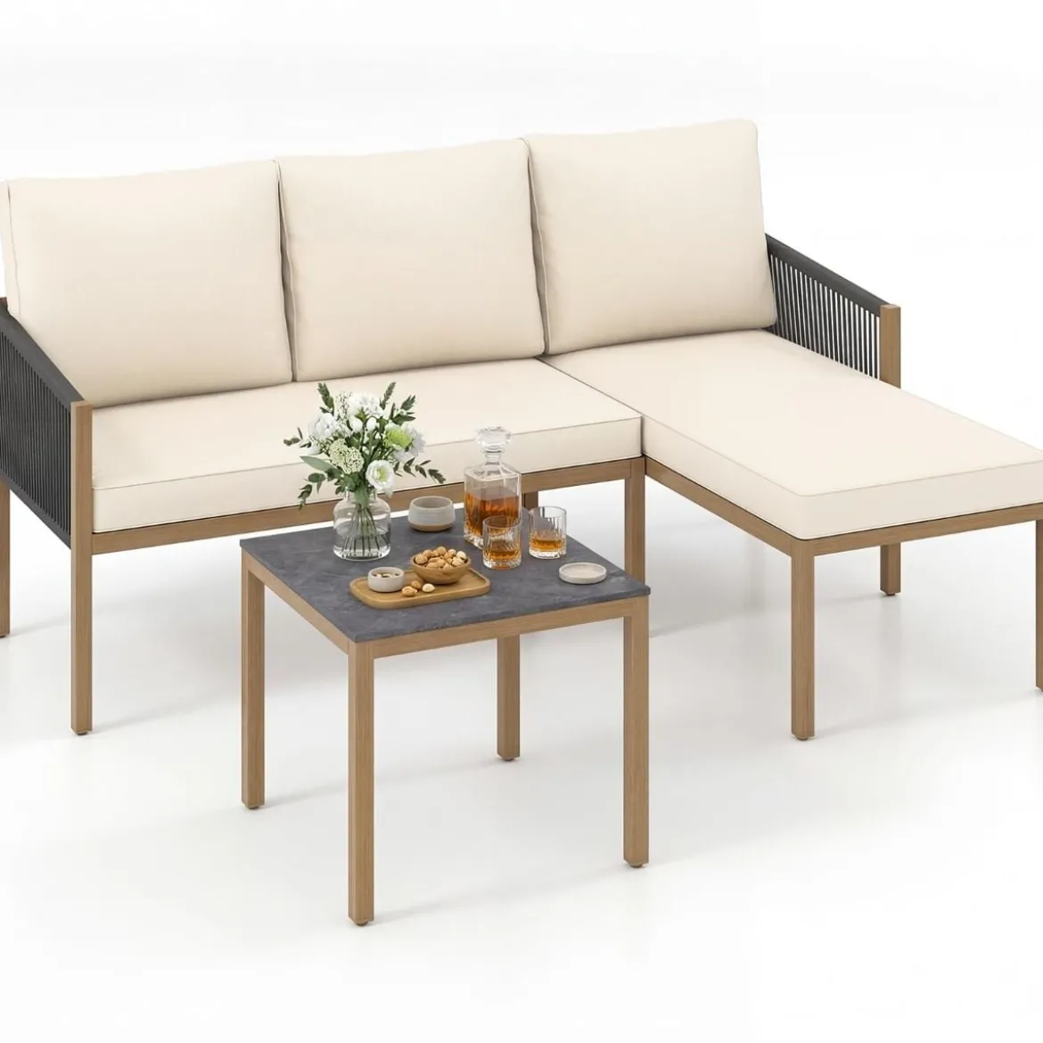 Gartenlounge mit Tisch & Kissen 3-teilige Sitzgruppe Gartenmöbel Sitzgarnitur für Garten